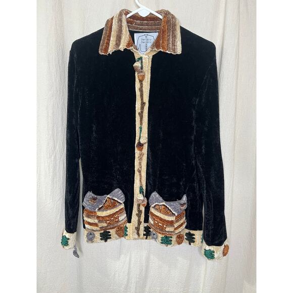1990s J Two New York Chenille Cabin Forest Woodland Acorn Pinecone Cardigan M - Picture 1 of 10